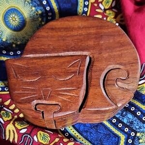 Hand Carved Secret Compartment Wooden Cat Puzzle Box